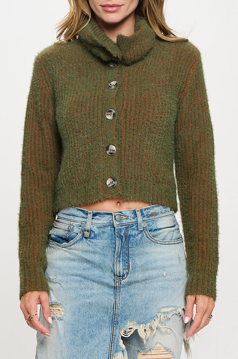 Knit Long Sleeve Collard Cardigan with Buttons-2