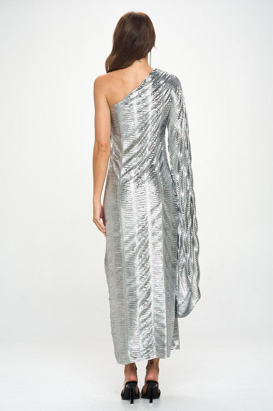 Metallic One Shoulder Bell Sleeve Maxi Dress-5