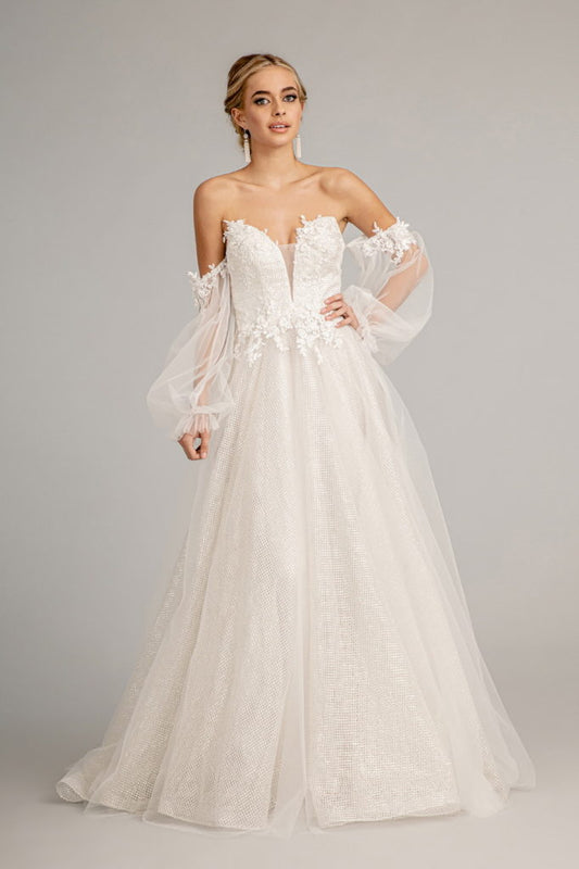 3-D Flower Embellished Glitter Netting A-line Dress w/ Detached Long Sleeves-0