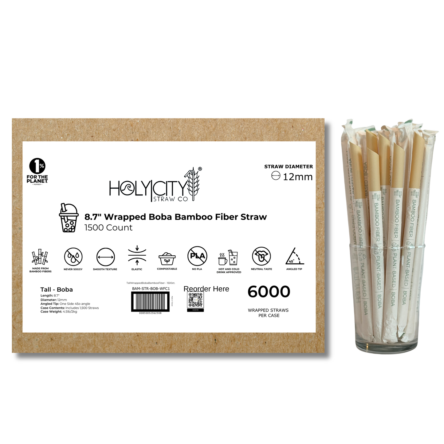 8.7" Wrapped Boba Bamboo Fiber Straws | 12mm-5