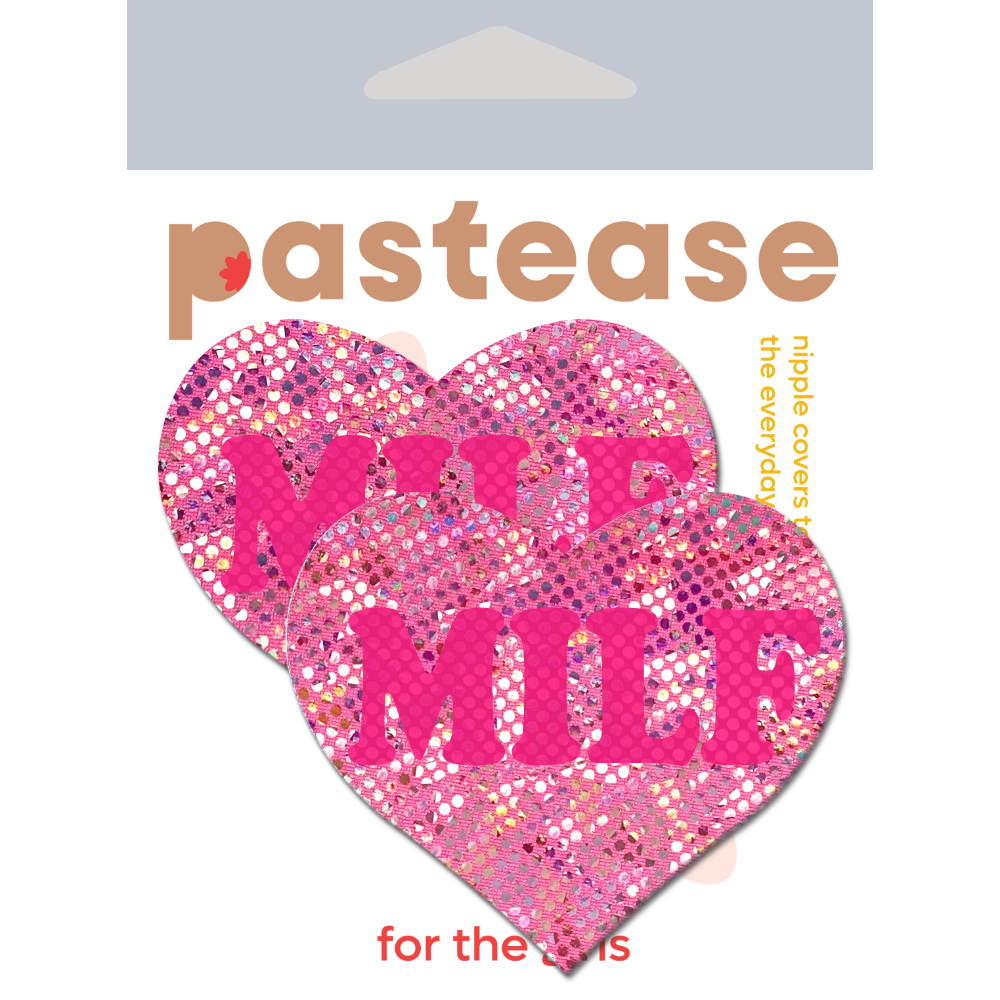 5 Pack: Love: 'MILF' in Neon Pink on Pink Disco Heart Nipple Pasties by Pastease-1