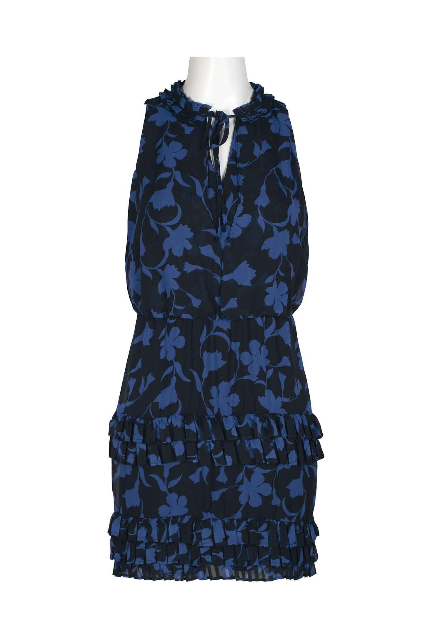 Laundry Tie Pleated Mock Neck Blouson Tiered Hem Zipper Back Floral Print Chiffon Dress-2