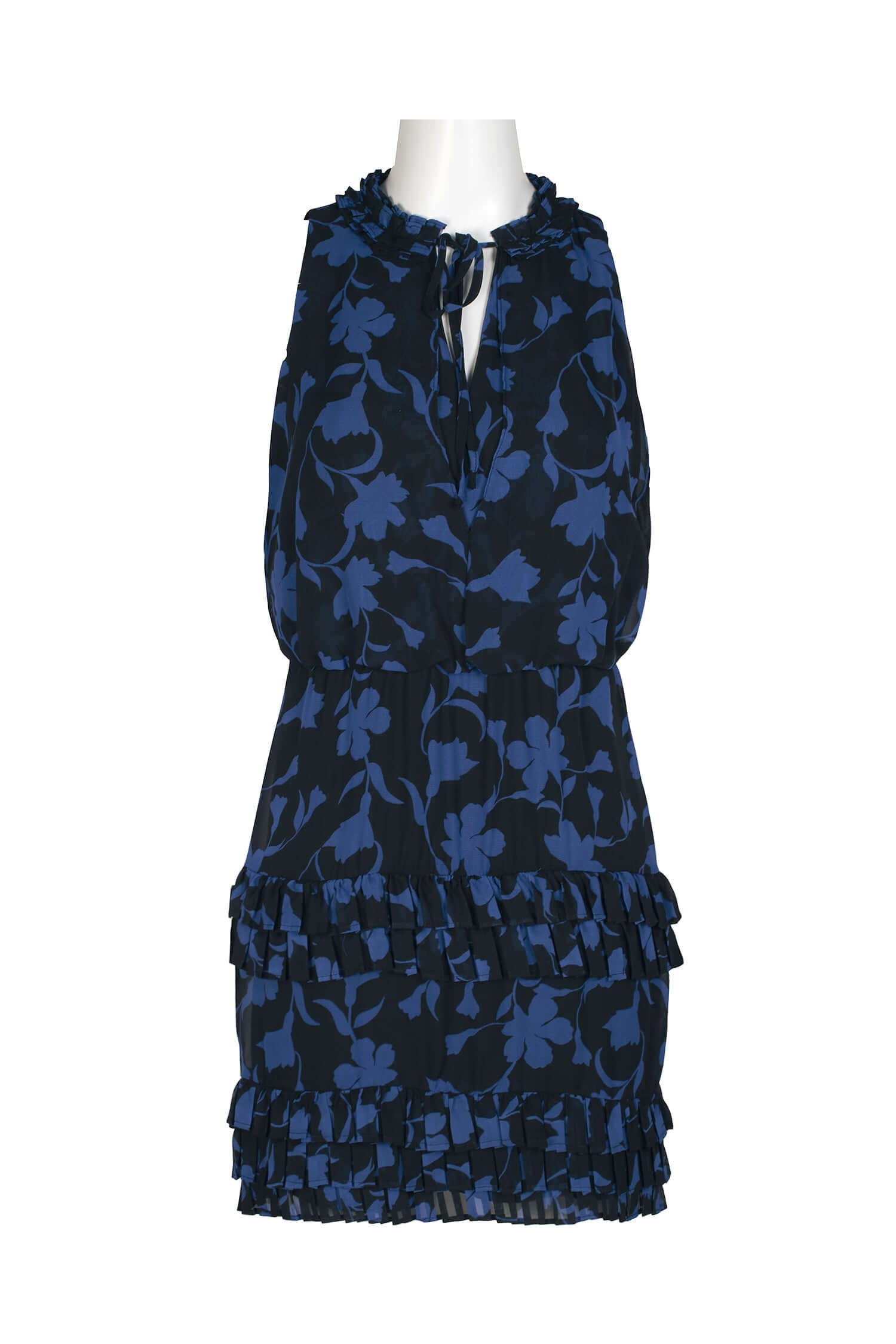 Laundry Tie Pleated Mock Neck Blouson Tiered Hem Zipper Back Floral Print Chiffon Dress-2