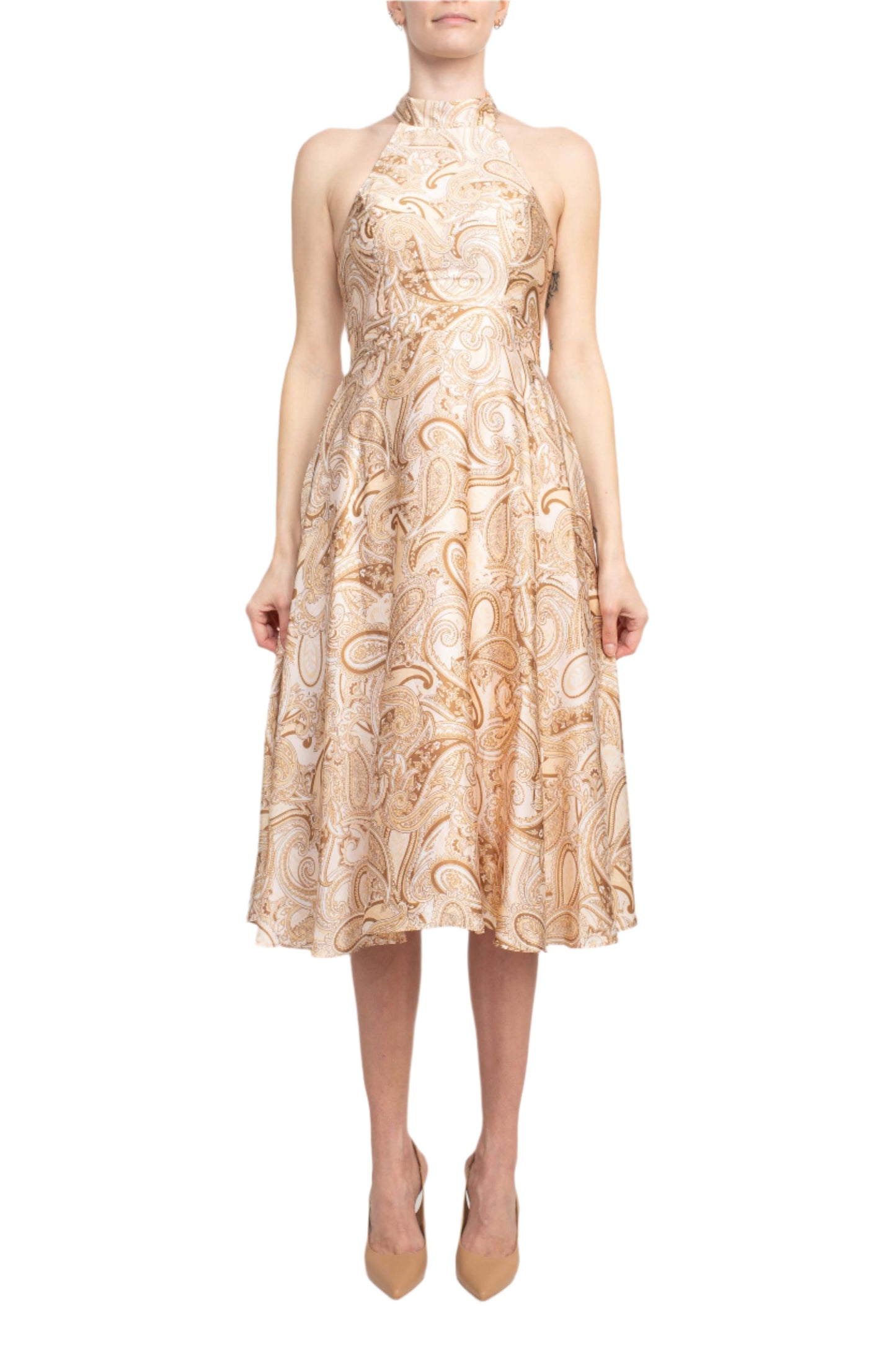 Laundry Tie Back Halter Neck Zipper Back Paisley Print Fit and Flare Satin Midi Dress-0
