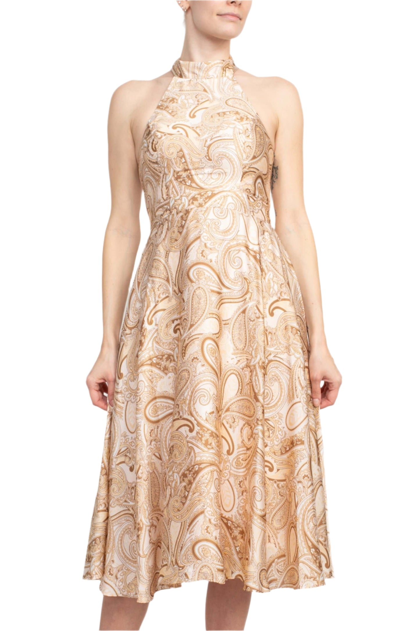 Laundry Tie Back Halter Neck Zipper Back Paisley Print Fit and Flare Satin Midi Dress-1