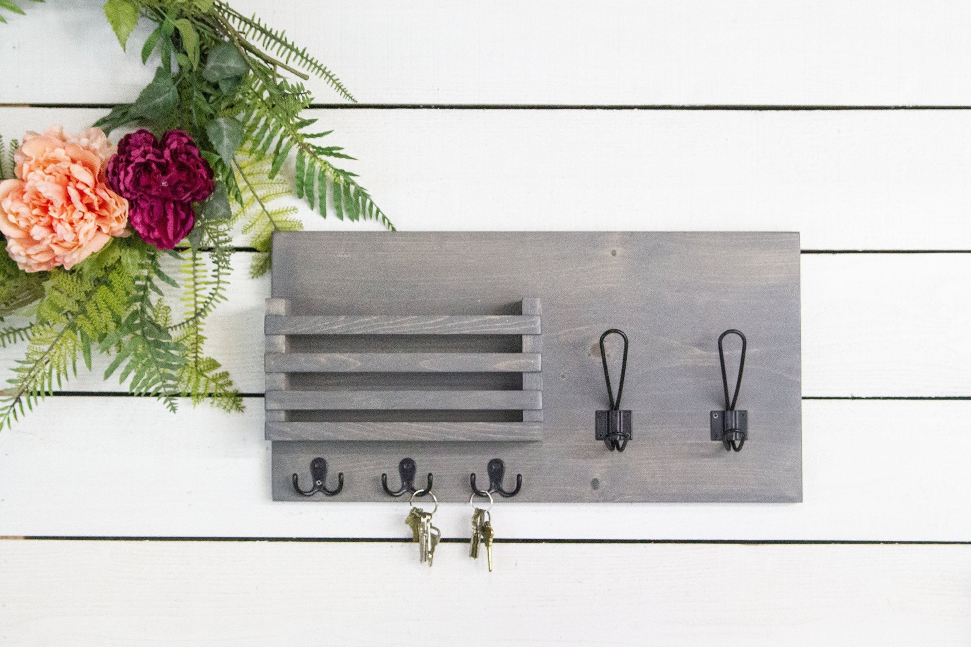 Mail Holder with Key Hooks and Farmhouse Style Coat Hooks-2