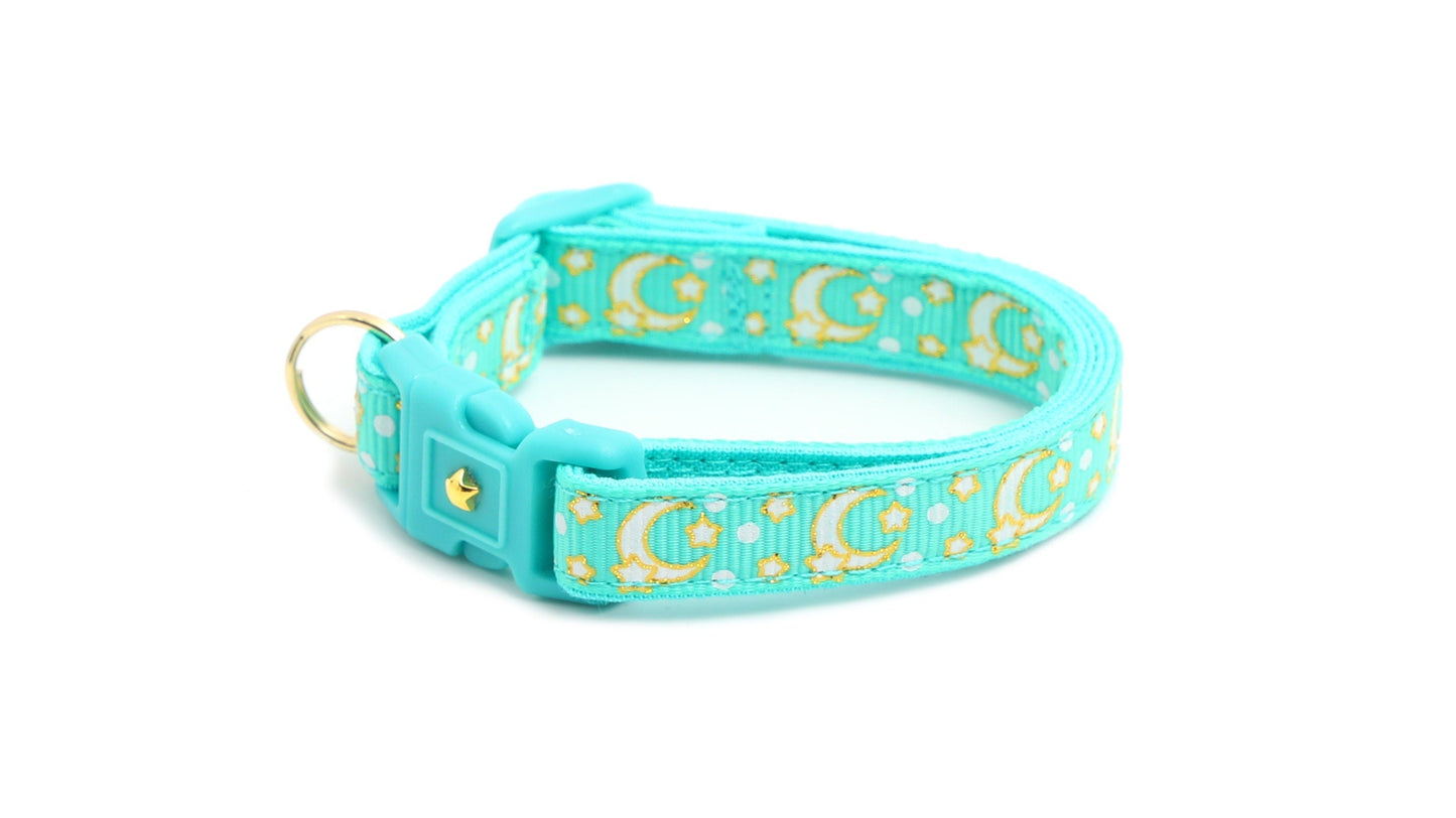 Gold Moons and Stars on Aqua V2 Cat Collar-8