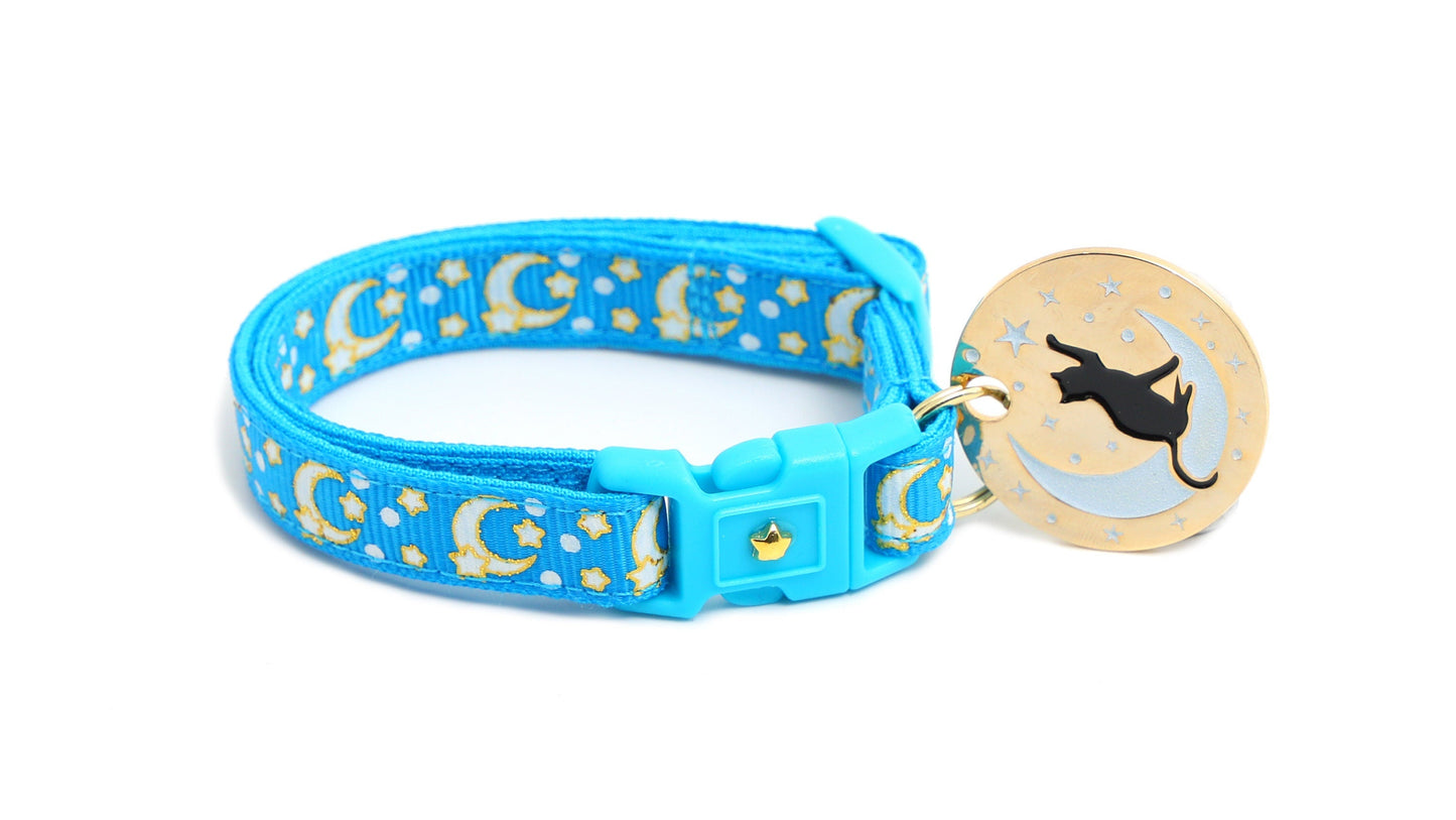 Gold Moons and Stars on Peacock Blue Cat Collar-1