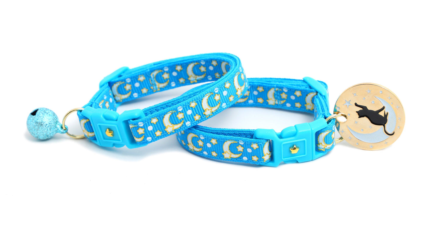 Gold Moons and Stars on Peacock Blue Cat Collar-2