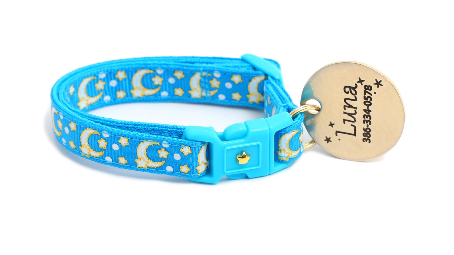 Gold Moons and Stars on Peacock Blue Cat Collar-6