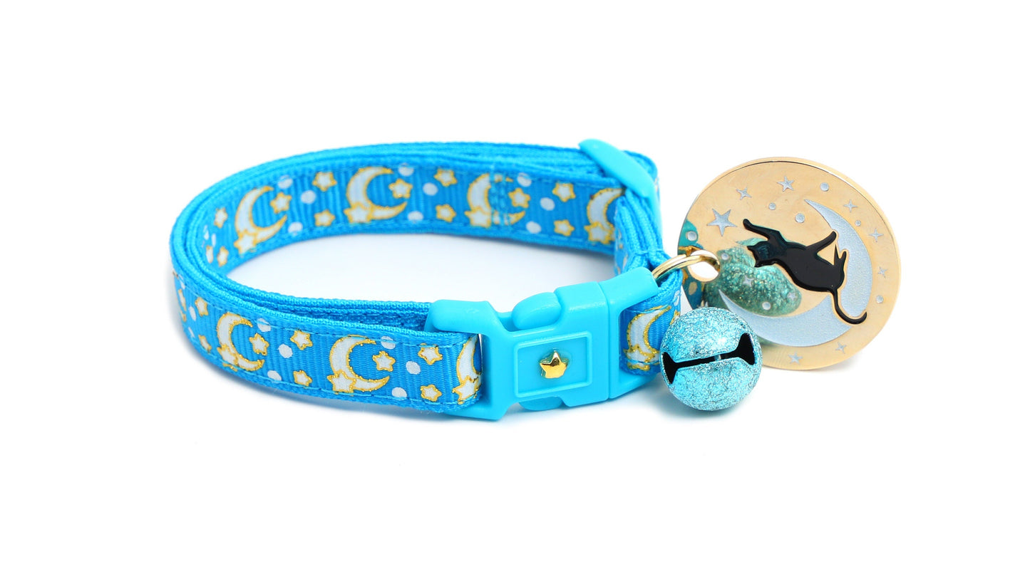 Gold Moons and Stars on Peacock Blue Cat Collar-5