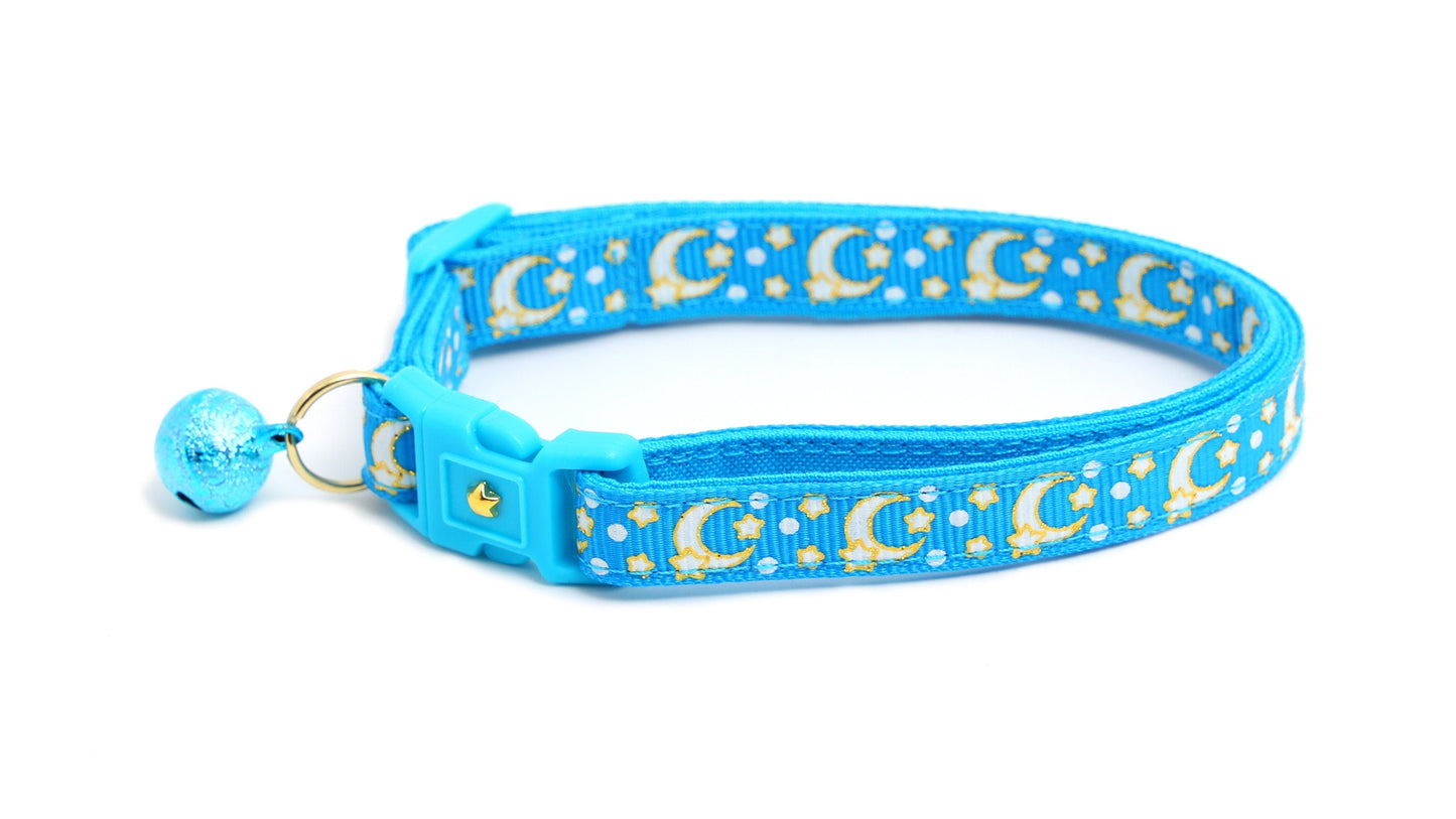 Gold Moons and Stars on Peacock Blue Cat Collar-3