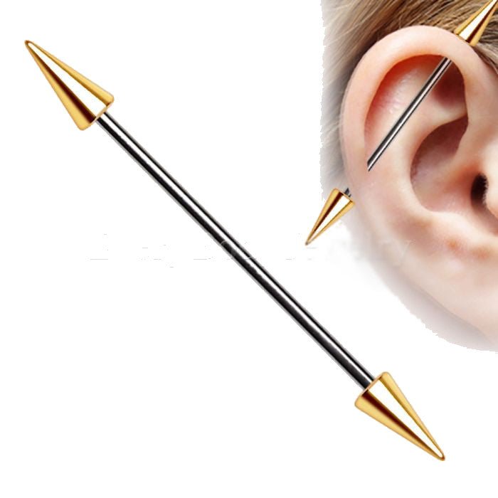 316L Stainless Steel Gold Plated Spike Industrial Barbell-0