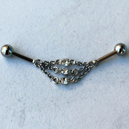316L Stainless Steel Jeweled Triple Chain Industrial Barbell-0