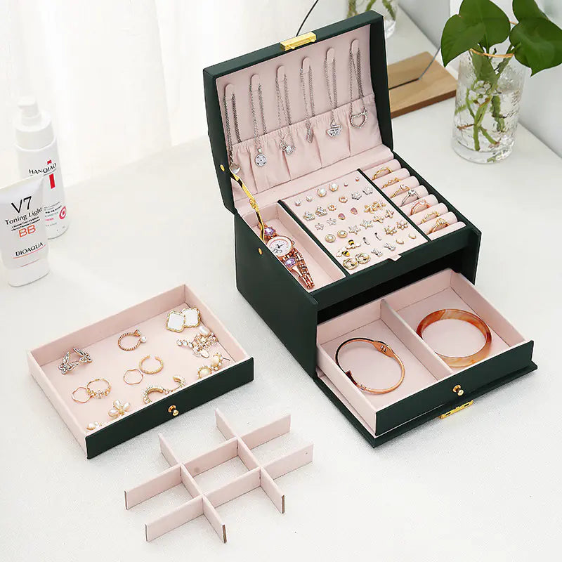 Minimalist 3-Tier Leather Jewelry Box with Lock