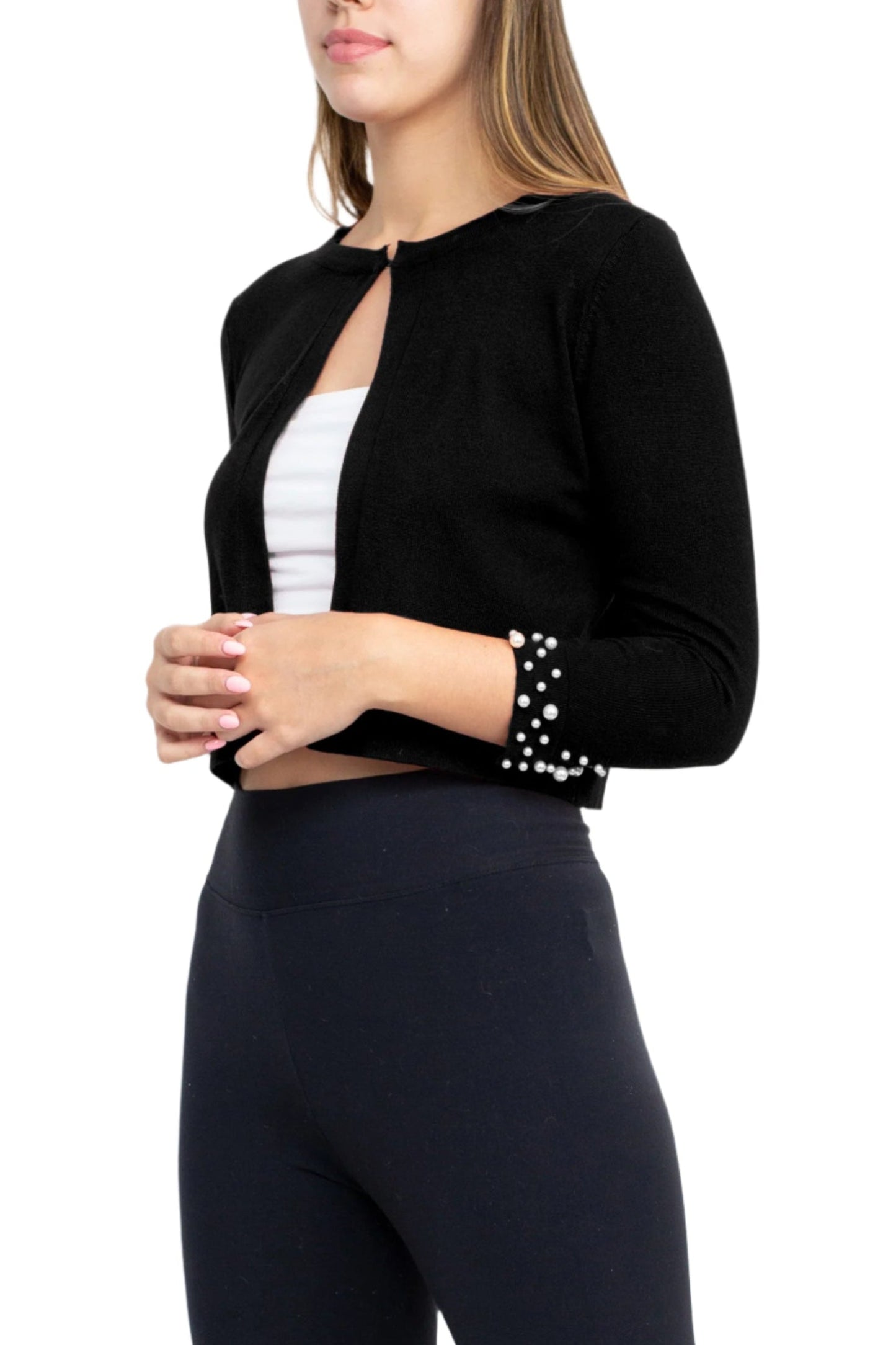 Nina Leonard Crew Neck Hook Closure 3/4 Sleeve Embellished Cuff Solid Knit Jacket-1