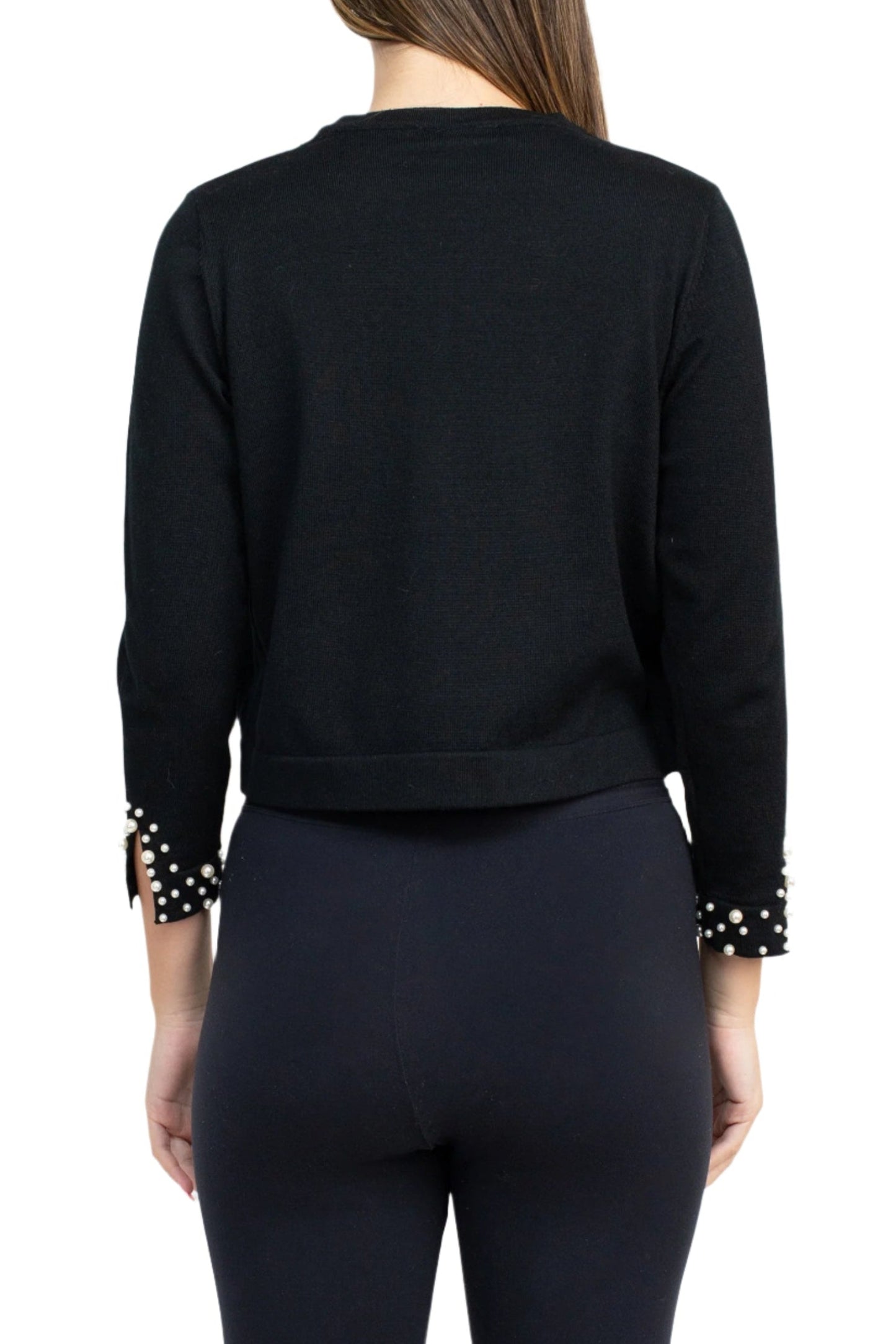 Nina Leonard Crew Neck Hook Closure 3/4 Sleeve Embellished Cuff Solid Knit Jacket-2