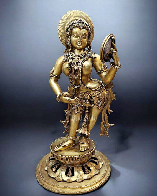 Large Pure Bronze Apsara Holding a Mirror Sculpture 54"-0