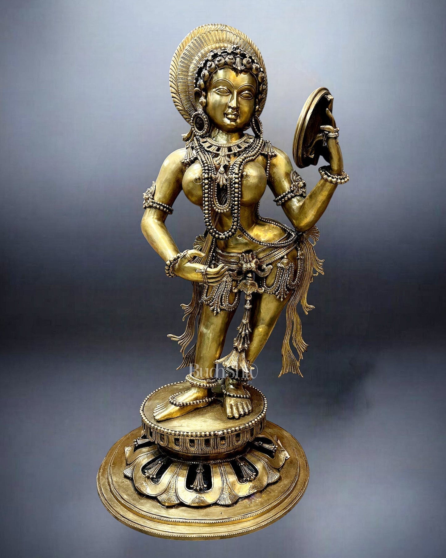 Large Pure Bronze Apsara Holding a Mirror Sculpture 54"-1