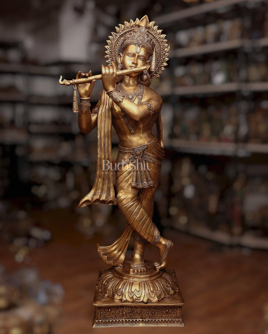 Life-Size Handcrafted Brass Lord Krishna Statue 79 inch-0