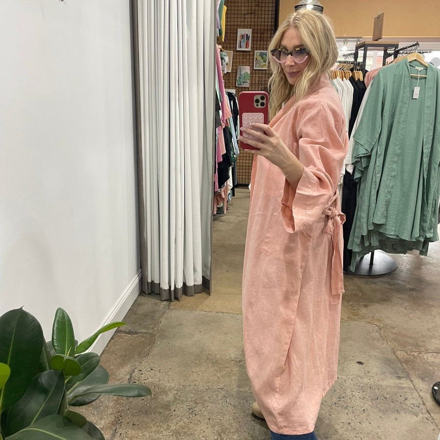 Linen Bathrobe - Pink (Long)-1