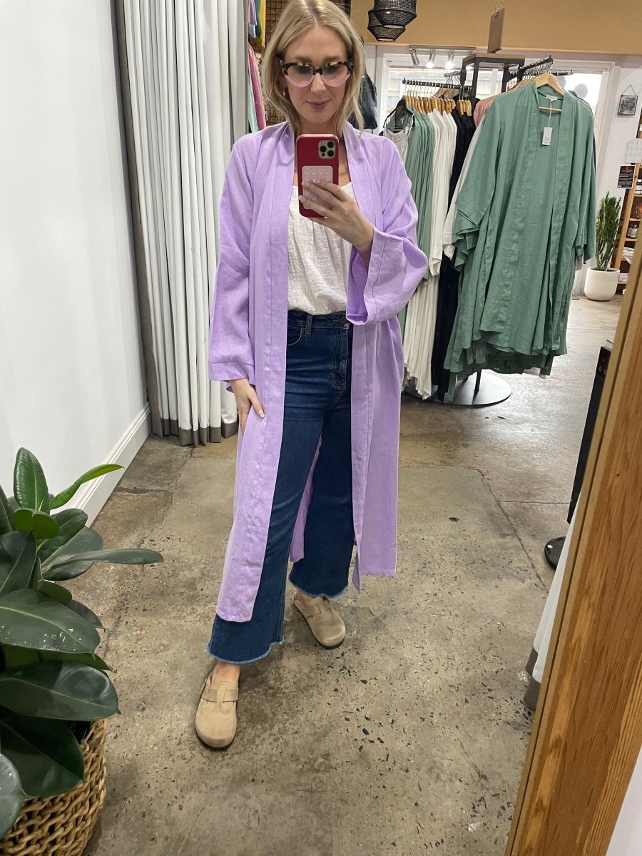 Long Linen Bathrobe in Purple-1