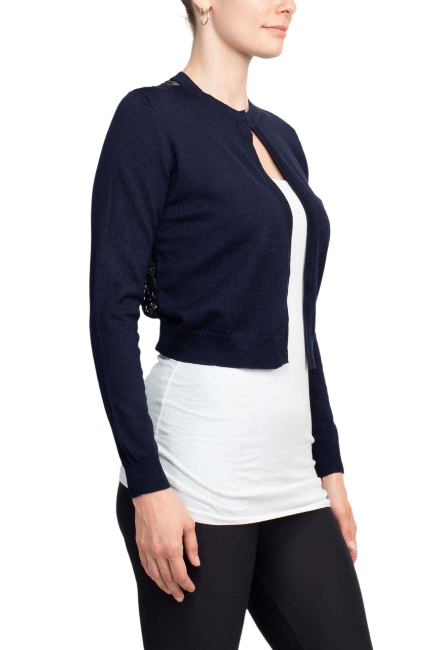 Luxxe Lane Crew Neck Open Front Hook Eye Closure Long Sleeve Lace Back Knit Bolero-1