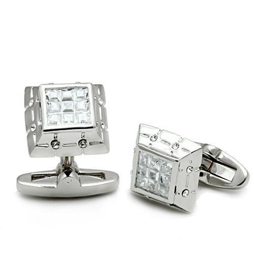 LO2306 - Rhodium Brass Cufflink with AAA Grade CZ  in Clear-0