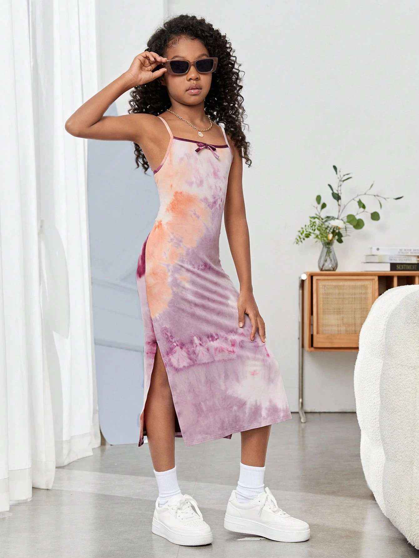 Mauve Mirage Tie-Dye Spaghetti Strap Midi Dress-1