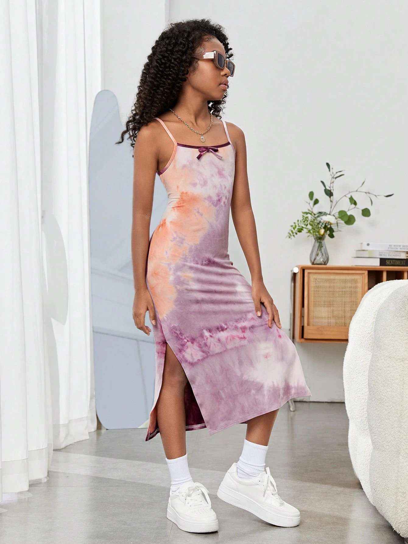 Mauve Mirage Tie-Dye Spaghetti Strap Midi Dress-0