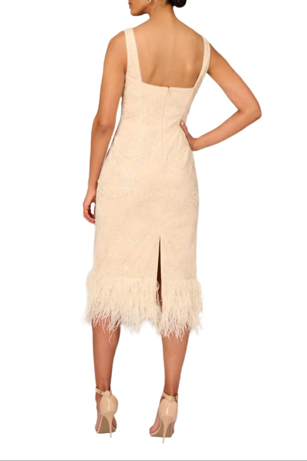 Aidan Mattox Square Neck Sleeveless Zipper Back Slit Back Feather Hem Mesh Dress-1