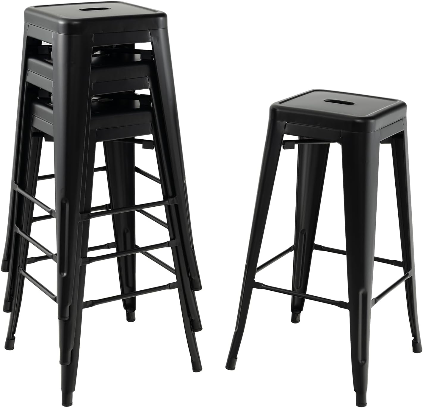 Metal Backless Bar Stools Set of 4, 30" Bar Height Modern Industrial Barstools W/Cut-Out Handle, Footrest, Rubber Foot Pads, Stackable Bar Dining Chairs for Kitchen Island, Black-0