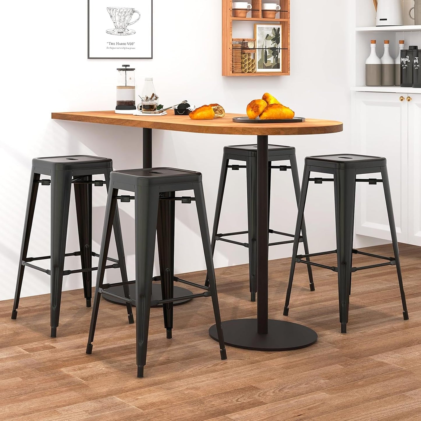 Metal Backless Bar Stools Set of 4, 30" Bar Height Modern Industrial Barstools W/Cut-Out Handle, Footrest, Rubber Foot Pads, Stackable Bar Dining Chairs for Kitchen Island, Black-1