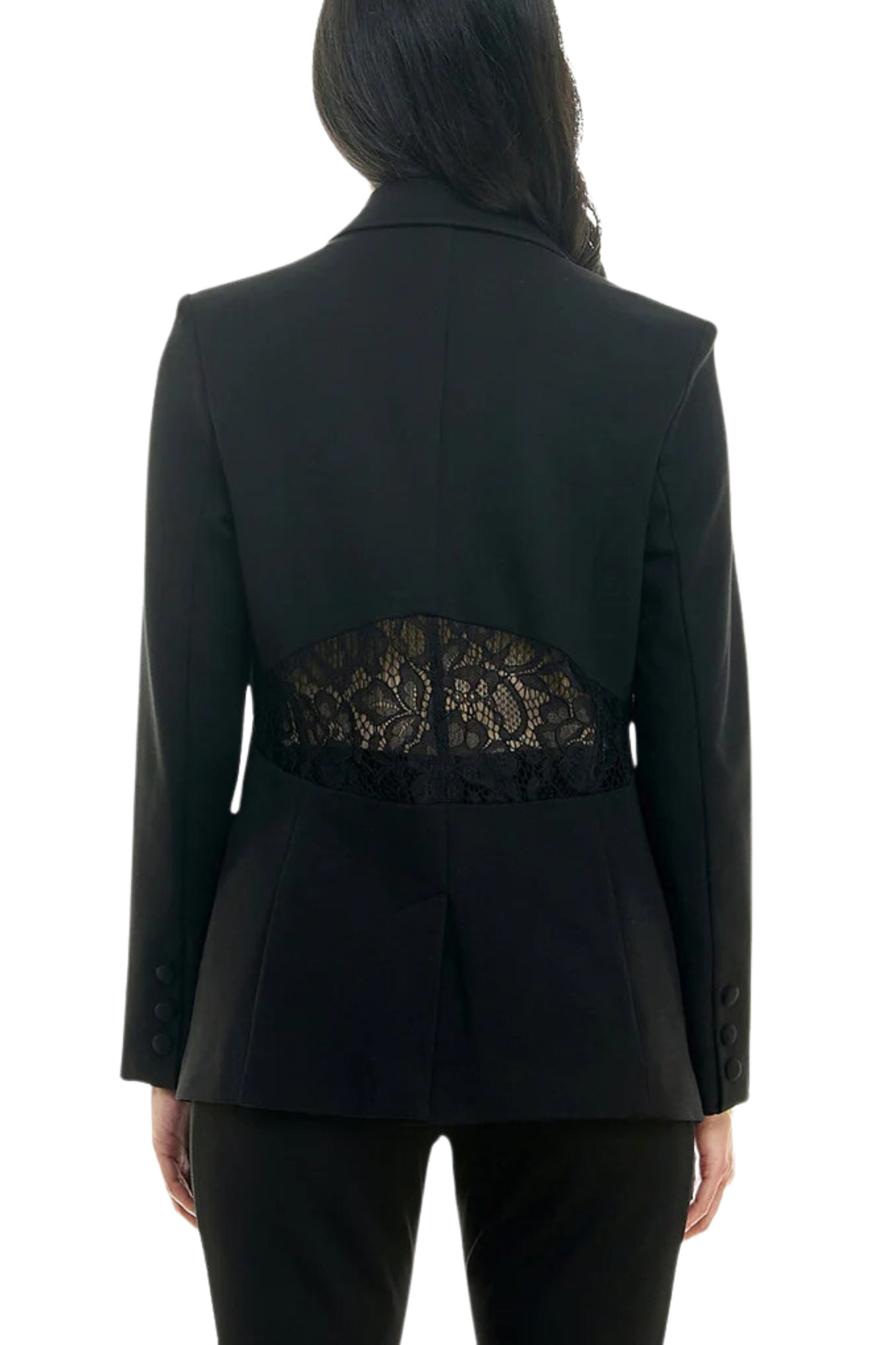 Nicole Miller Peak Lapel Two Button Blazer with Front Pocket Flaps and Lace Detail on Back-1