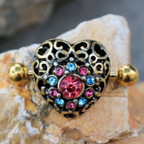 Antique Gold Plated Dazzling Heart Dome Shape Nipple Shield-0