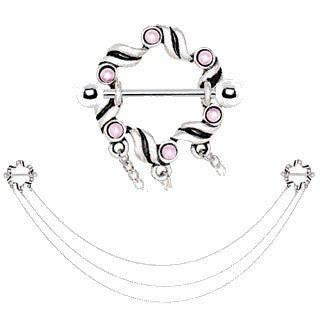 316L Stainless Steel Triple Chain Pink Ribbon Nipple Shields-1