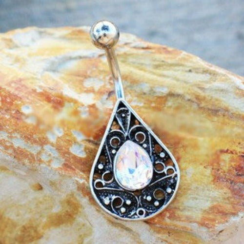 316L Stainless Steel Ornate Jeweled Teardrop Navel Ring-0