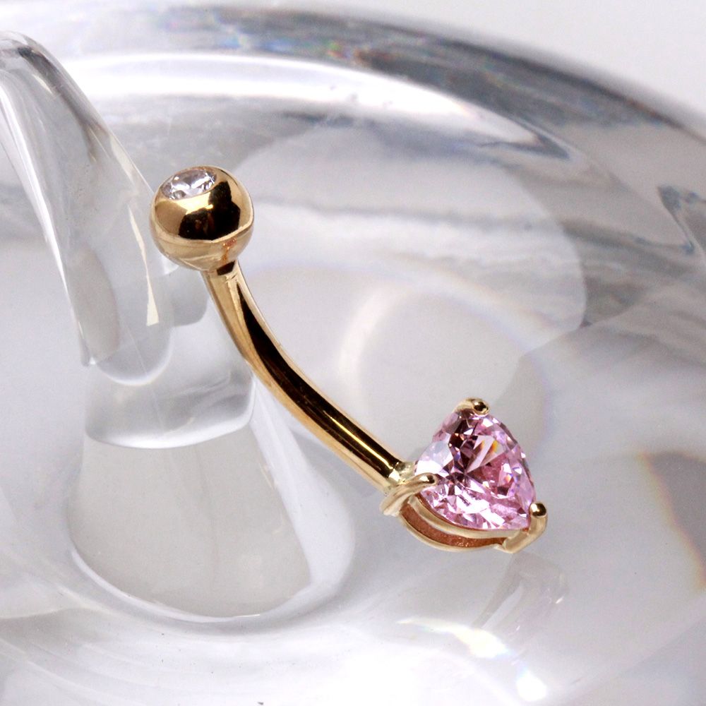 14Kt Gold Navel Ring with Prong Set Heart CZ-0
