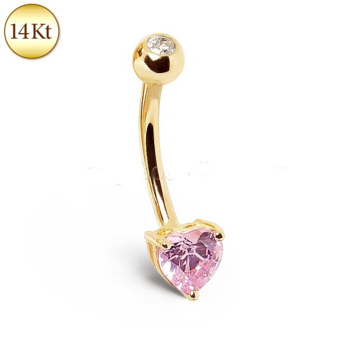 14Kt Gold Navel Ring with Prong Set Heart CZ-1