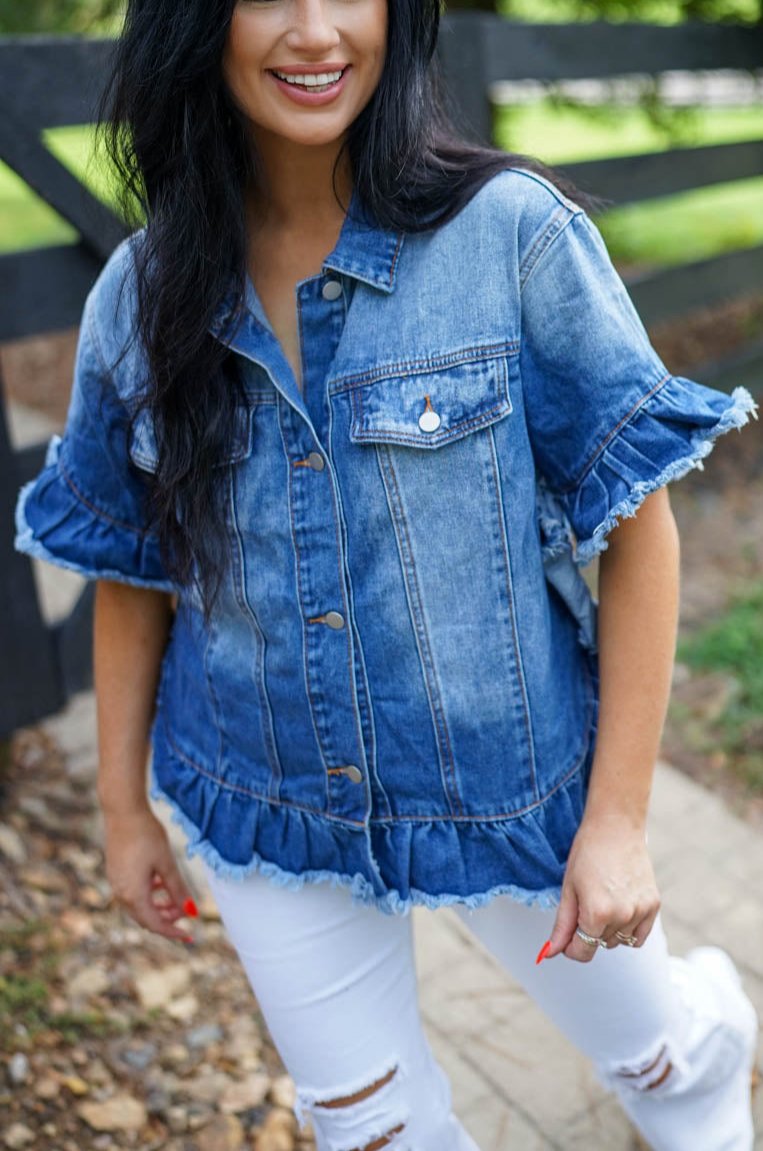 Luisa Ruffled Short Sleeve Denim Jacket-3