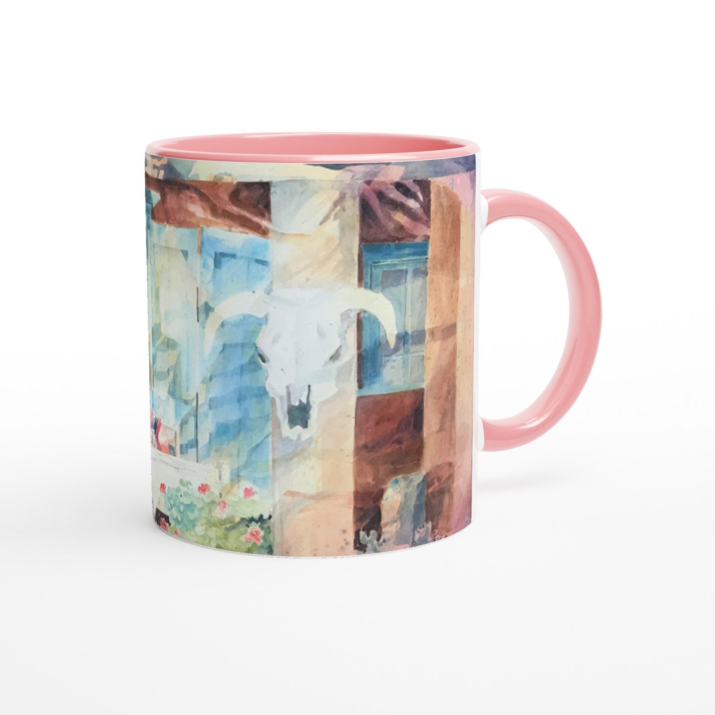 11oz White Ceramic Mug with Color Inside | Coffee Cup with 'Southwestern Home' Watercolor Artwork by American Artist Barbara Cleary-3