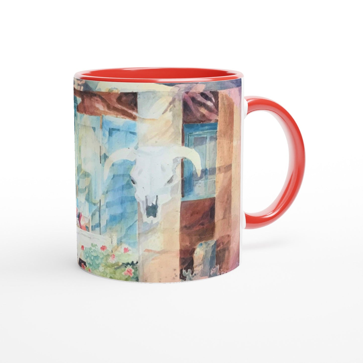 11oz White Ceramic Mug with Color Inside | Coffee Cup with 'Southwestern Home' Watercolor Artwork by American Artist Barbara Cleary-5