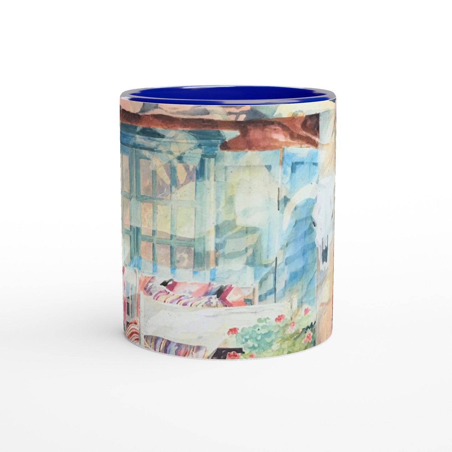 11oz White Ceramic Mug with Color Inside | Coffee Cup with 'Southwestern Home' Watercolor Artwork by American Artist Barbara Cleary-2