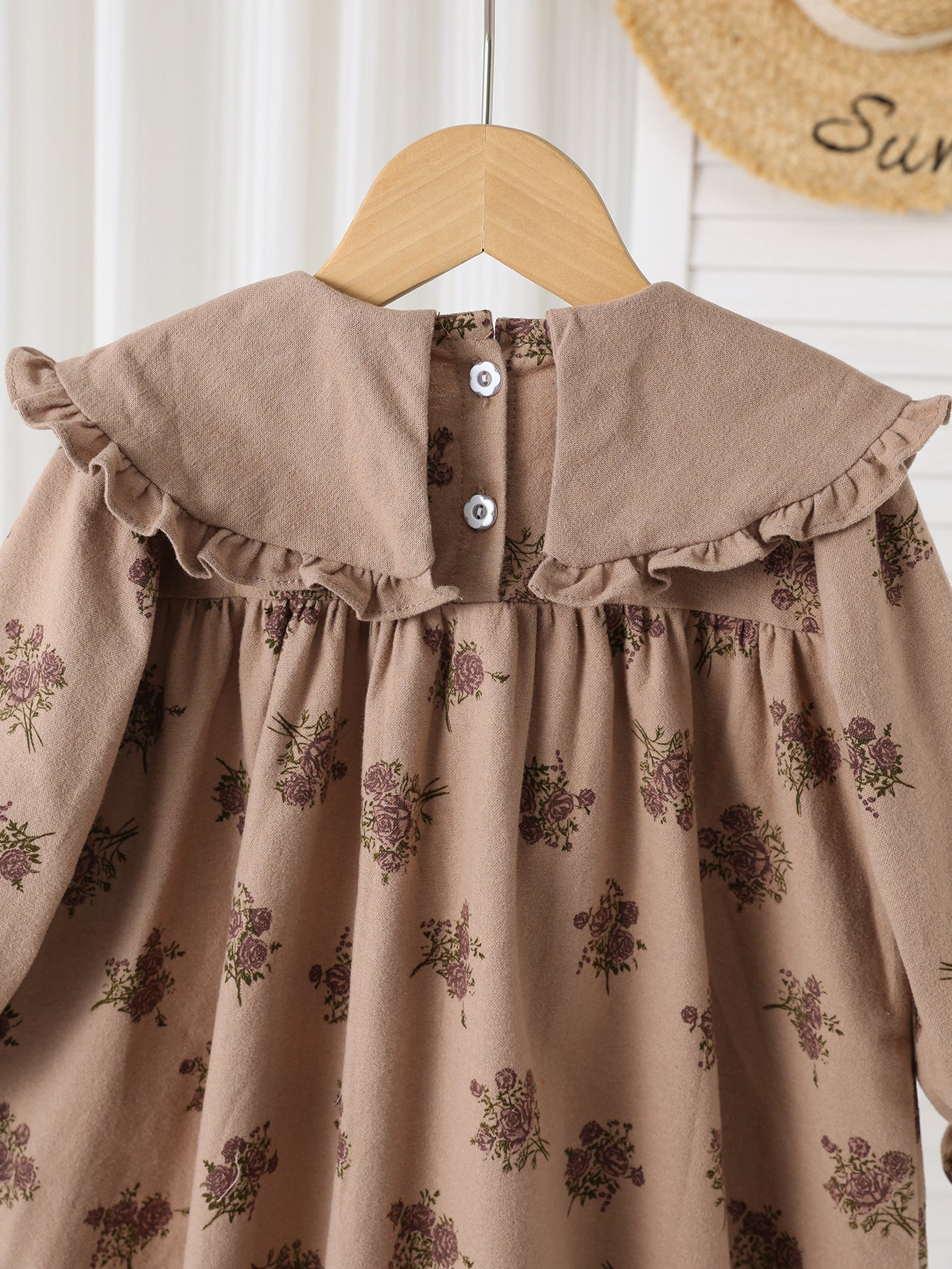 Autumn Arrival Baby Kids Girls Floral Pattern Long Sleeves Dress with Embroidered Collar-4