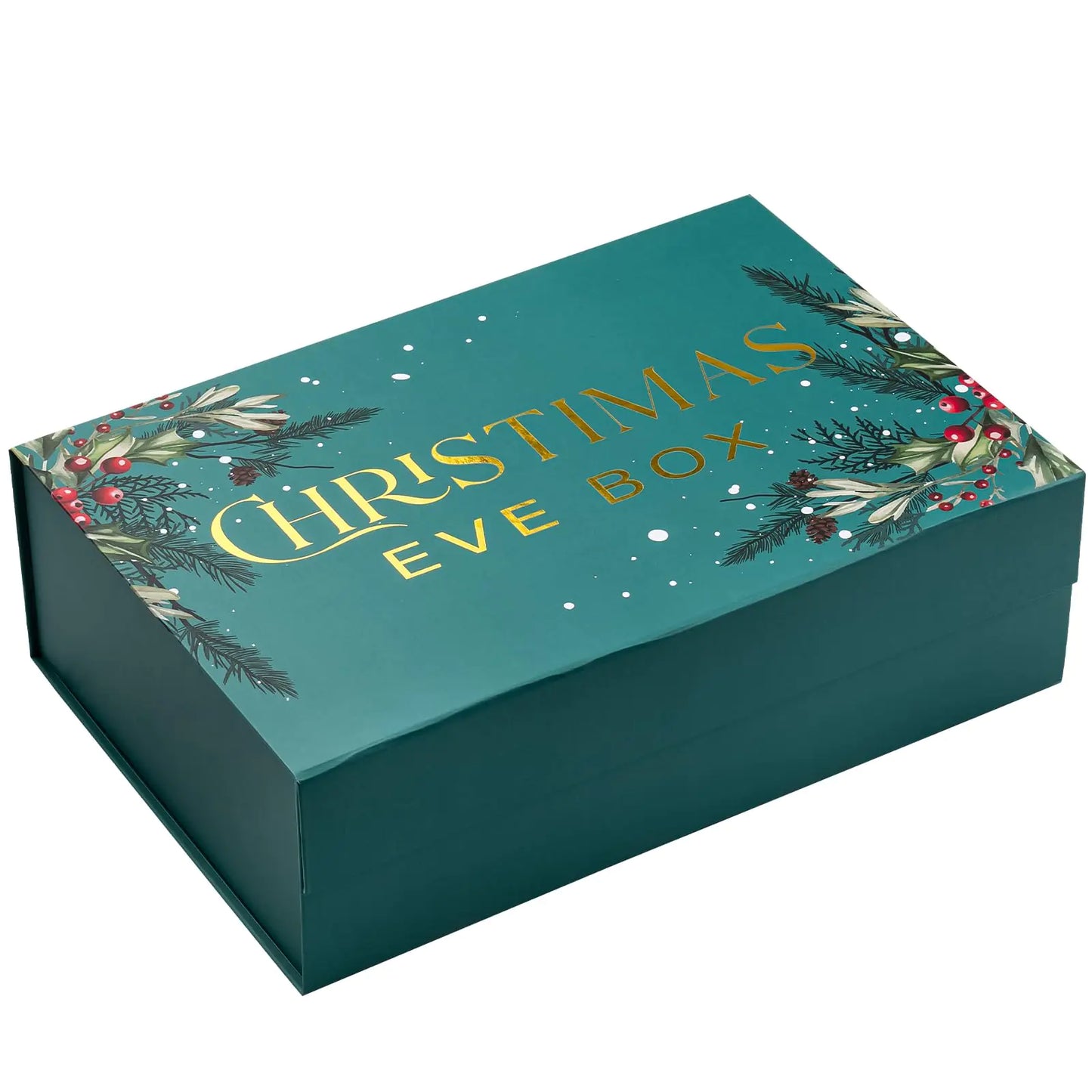 WRAPAHOLIC 1 Pcs Christmas Gift Box with Lid - 13.3 x 9 x 4 Inches Green and Gold Foil Christmas Eve Box Lettering Design Gift Box Collapsible Gift Box with Magnetic Closure and 2 Pcs Tissue Paper