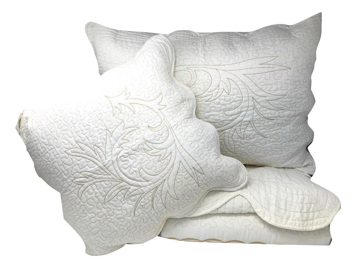 DaDa Bedding Elegant White Floral Beige Matelassé 100% Cotton Coverlet 5Pcs Bedspread Set - King Size (DXJ101796)-3