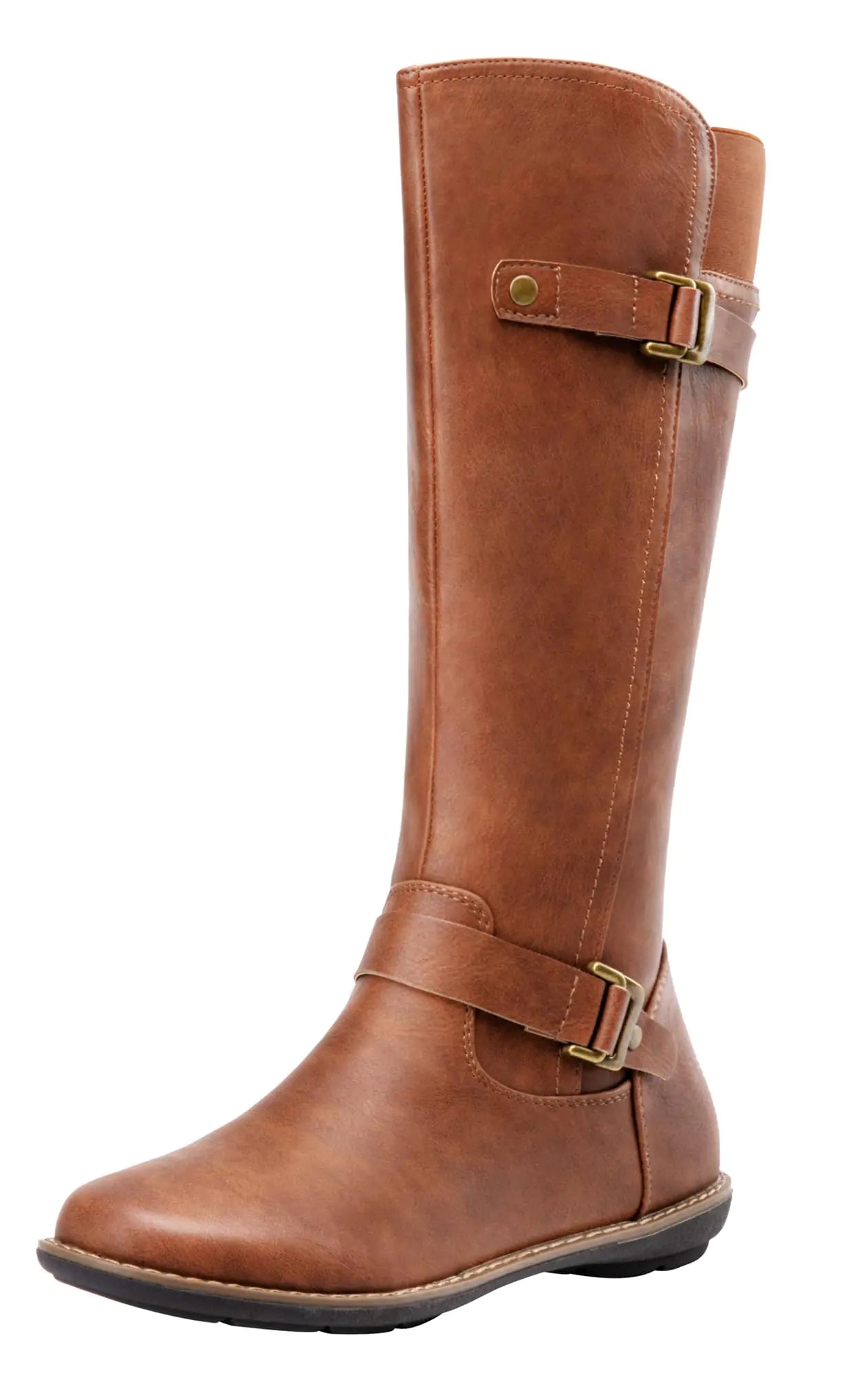 Jeossy Womens 9655 Knee High Boots Brown/Red Brown Flat Riding Boots Buckle Tall Boots with Zipper for Women Size 9(DJY9655 Brown 09)