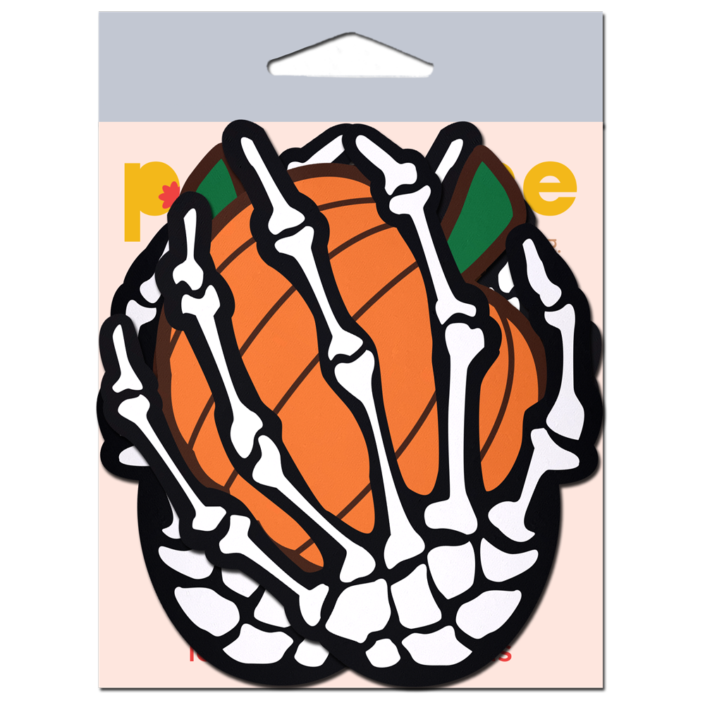 5-Pack: White Boney Skeleton Hands Holding Orange Halloween Pumpkins Breast Pasties by Pastease®-4