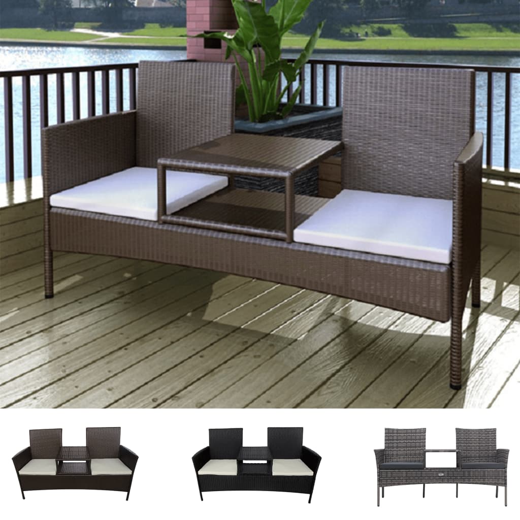 vidaXL 2-Seater Patio Sofa Outdoor Bistro Set Sofa with Tea Table Poly Rattan-6