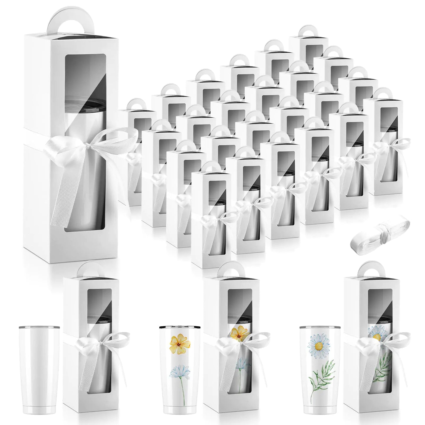 Ctosree 24 Pcs Tumbler Gift Box with Handle for 12oz 16oz 20oz 30oz wine glass gift box Sublimation Tumblers Heat Press Blanks Bottle clear Gift Box for Wrapping Packaging(White)